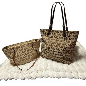 Michael Kors Jet Set Large Chain Shoulder Tote Bag Tan MK Logo Jacquard Print x2